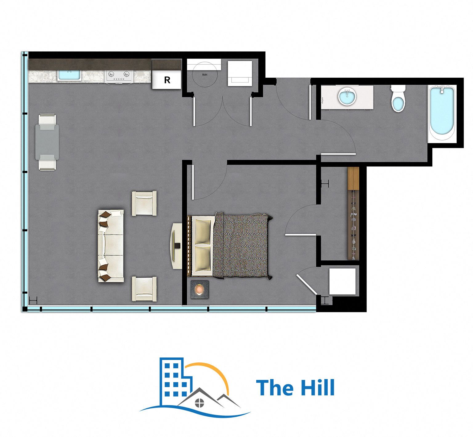 Floor plan for 1 bed, 1 bath, 625 sqft